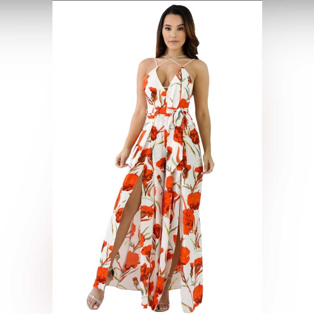 White Orange Floral Print Slit Leg Jumpsuit
